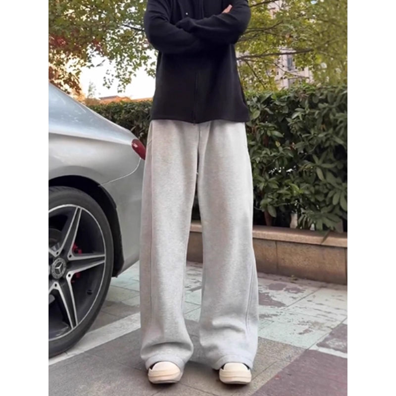 花灰色加绒弯刀卫裤男款冬季加厚保暖阔腿裤子健身运动直筒休闲裤