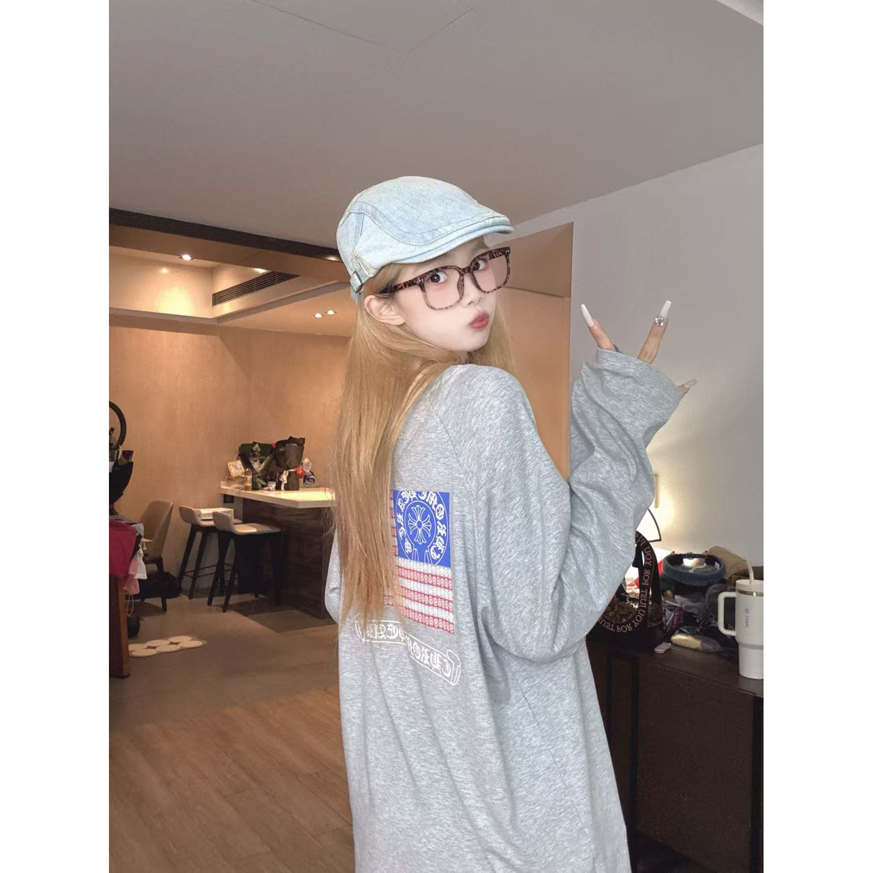 （有运险）1212-秋2025新款长袖T恤女宽松印花中长款百搭圆领打底衫