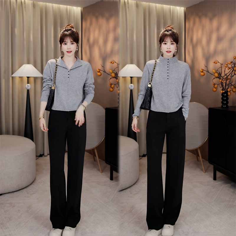 2025秋季新款设计感百搭气质洋气修身长袖上衣女搭配休闲裤两件套