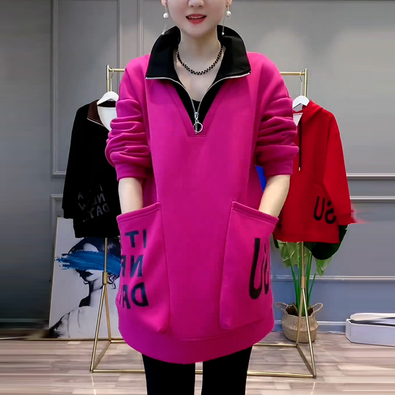 高含棉韩版时尚长袖中长款卫衣女2025年春秋季新款小众遮肉上衣