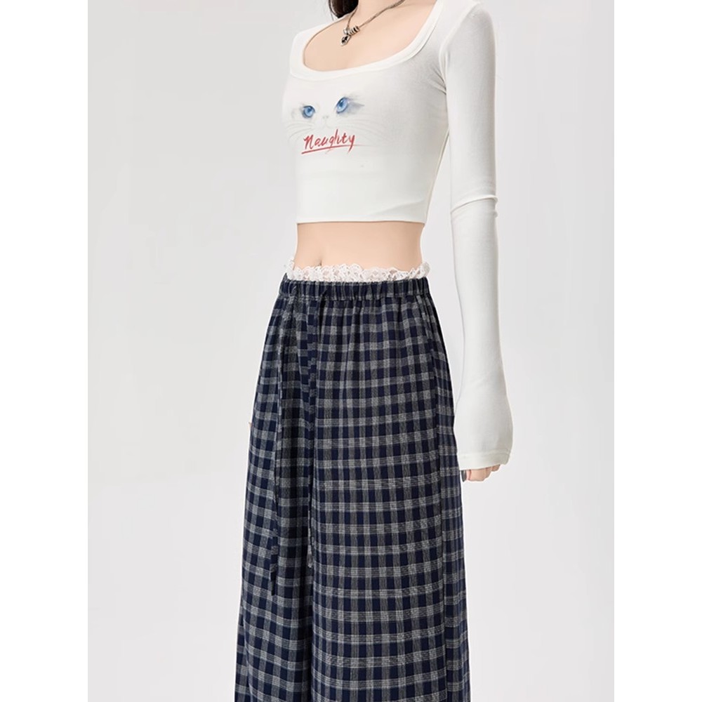 复古休闲裤透气格子阔腿裤女早秋新款宽松高腰薄款垂感直筒拖地裤