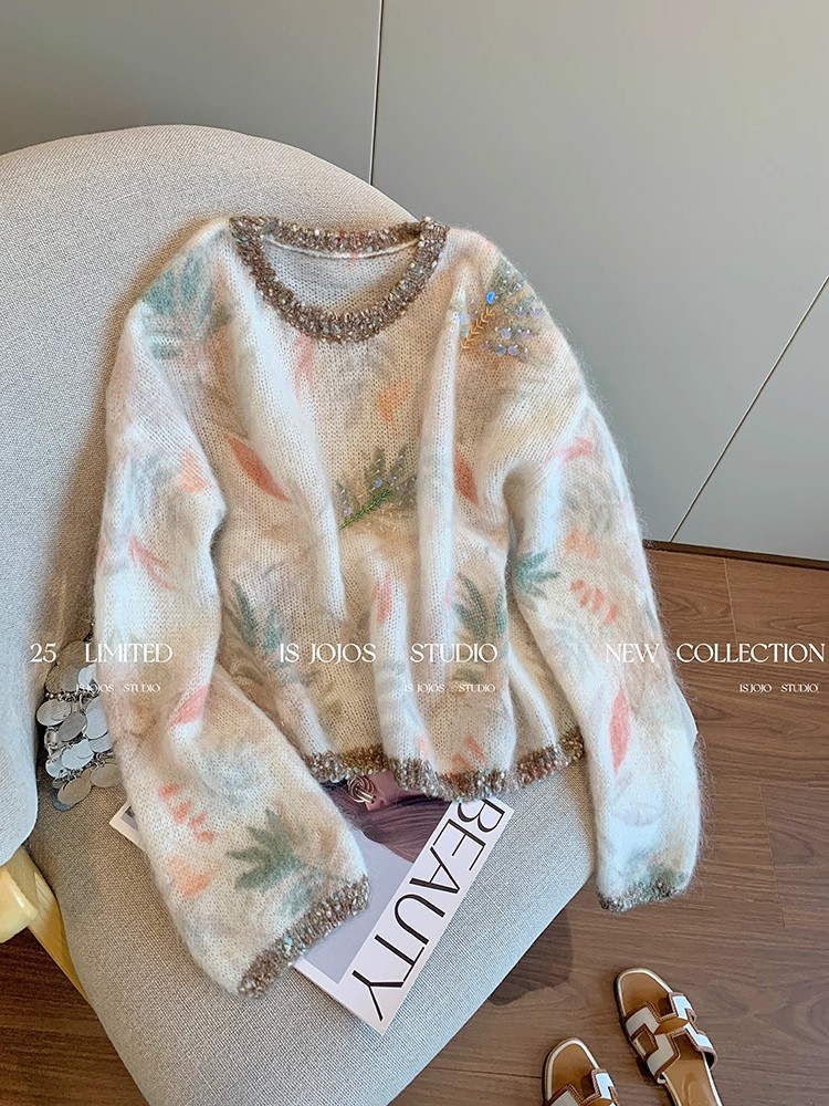 韩系印花圆领拼接毛衣女秋冬慵懒高级感气质宽松复古软糯针织上衣