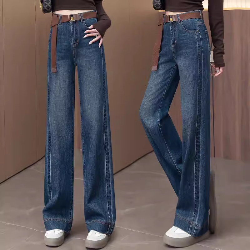 拉夏贝尔简约大气直筒牛仔裤女春秋季2025新款复古显瘦窄版阔腿裤