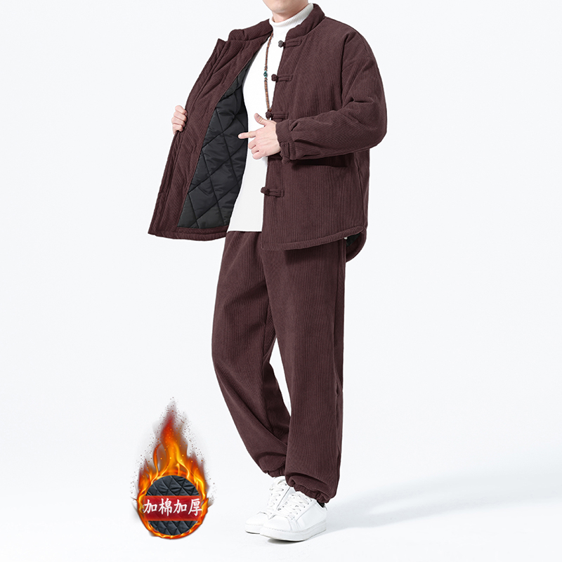 2025冬季新款中国风休闲套装棉衣中式立领盘扣两件套加厚保暖唐装