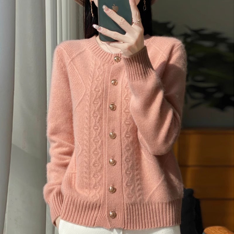 春秋重工绞花高端羊毛针织开衫女秋冬圆领毛衣外套慵懒风外套上衣