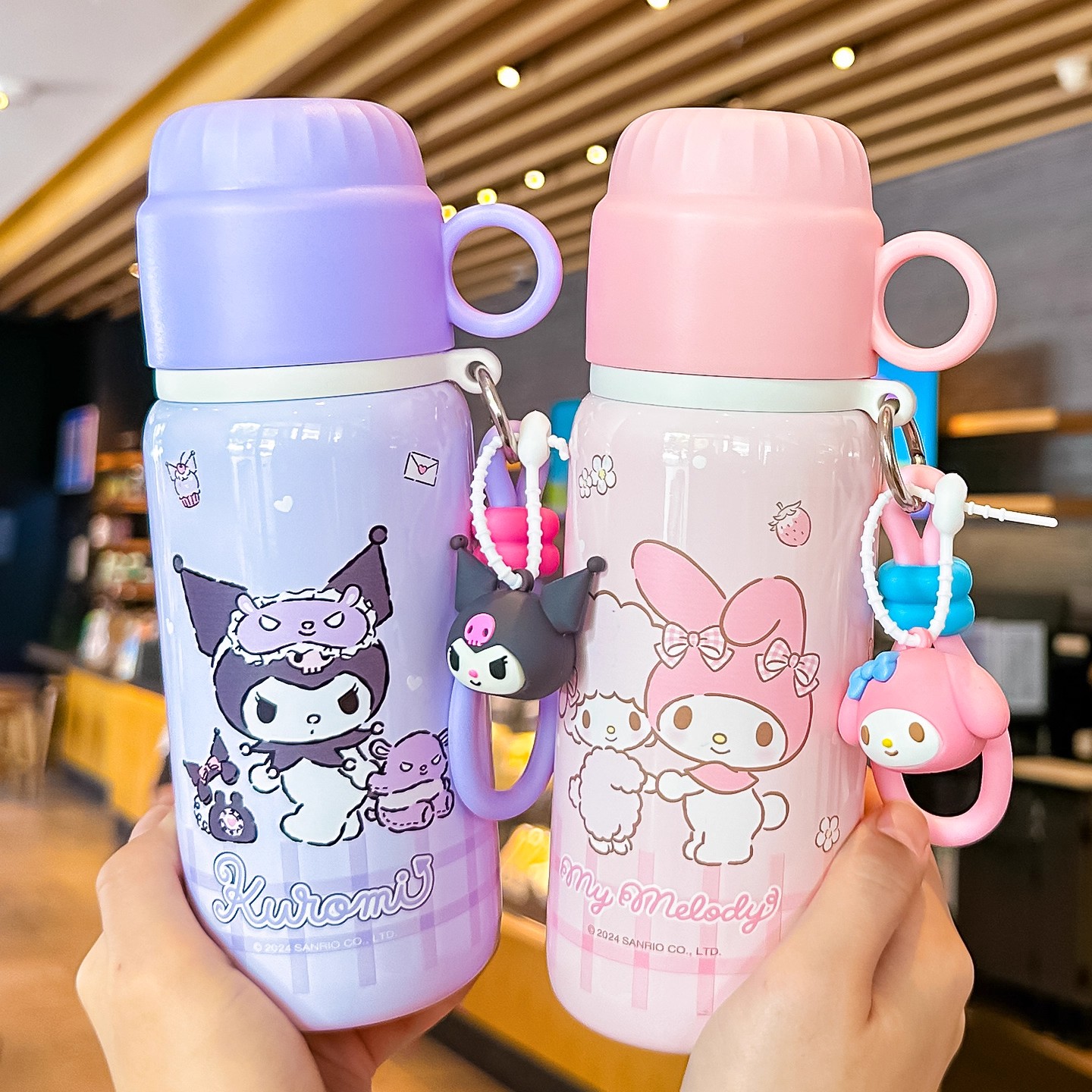 库洛米保温杯女生双饮口高颜值大容量便携吸管杯子小学生上学专用