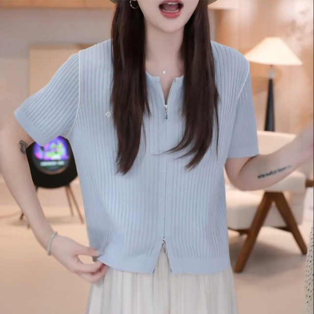 2025新款夏季时尚休闲慵懒风针织衫短袖t恤女小个子双开拉链上衣