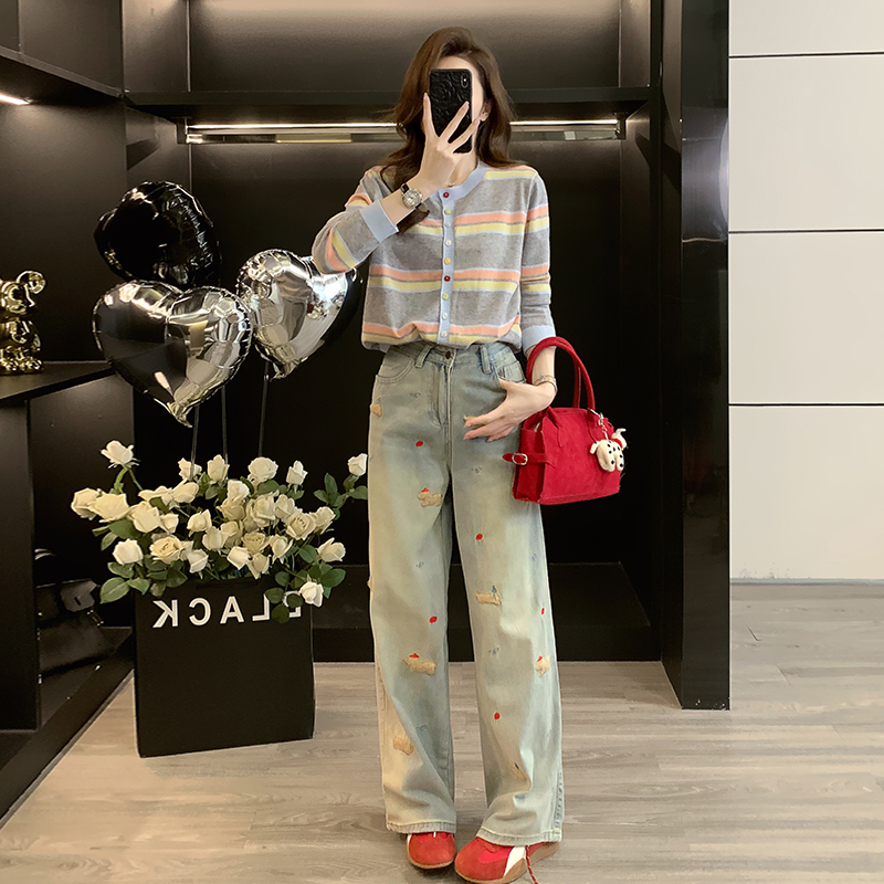 2025秋季韩版休闲风INS风时尚套装条纹上衣针织牛仔阔腿裤两件套