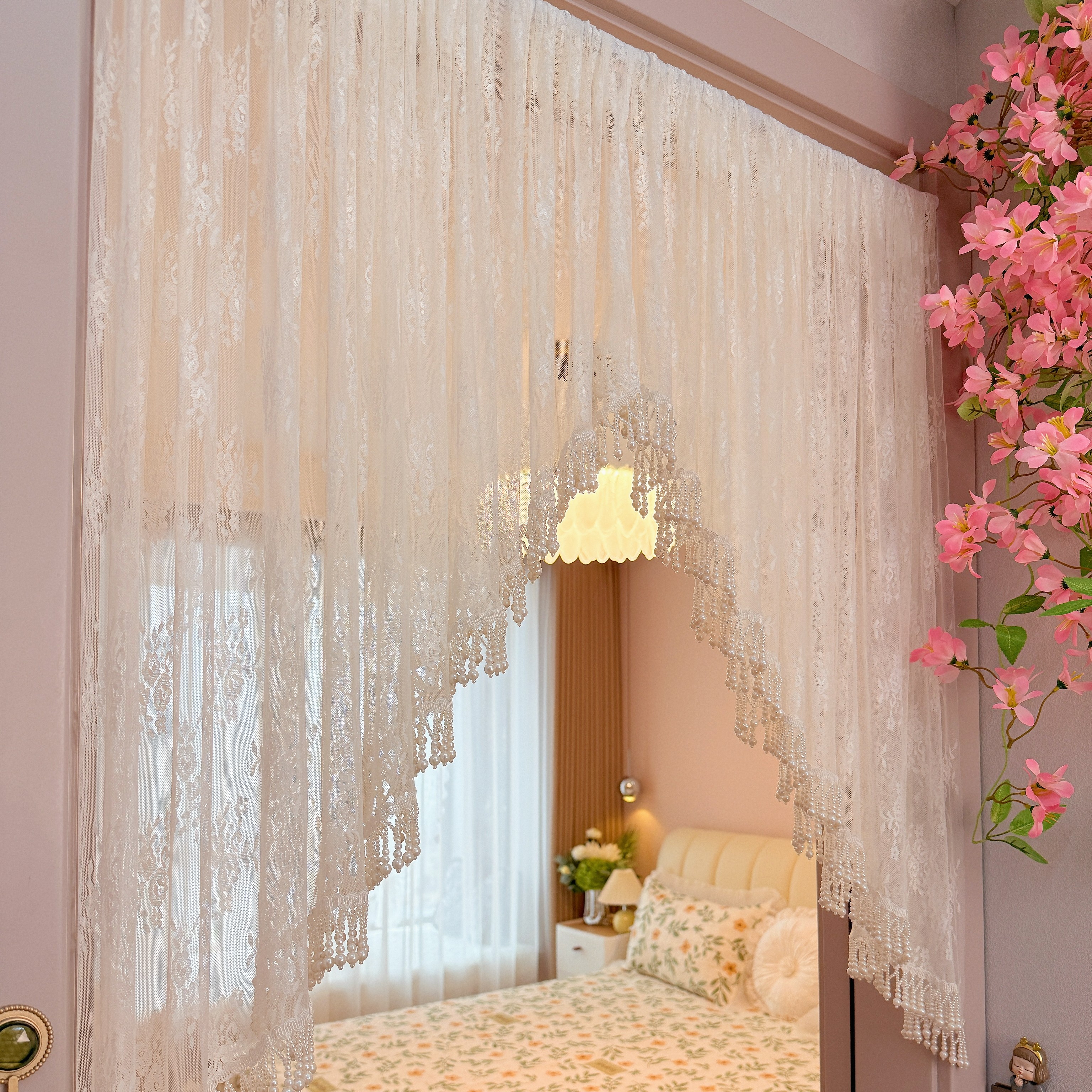 轻奢白纱流苏边碎免打孔安装隔断门帘纱帘蕾丝卧室厨房隔断