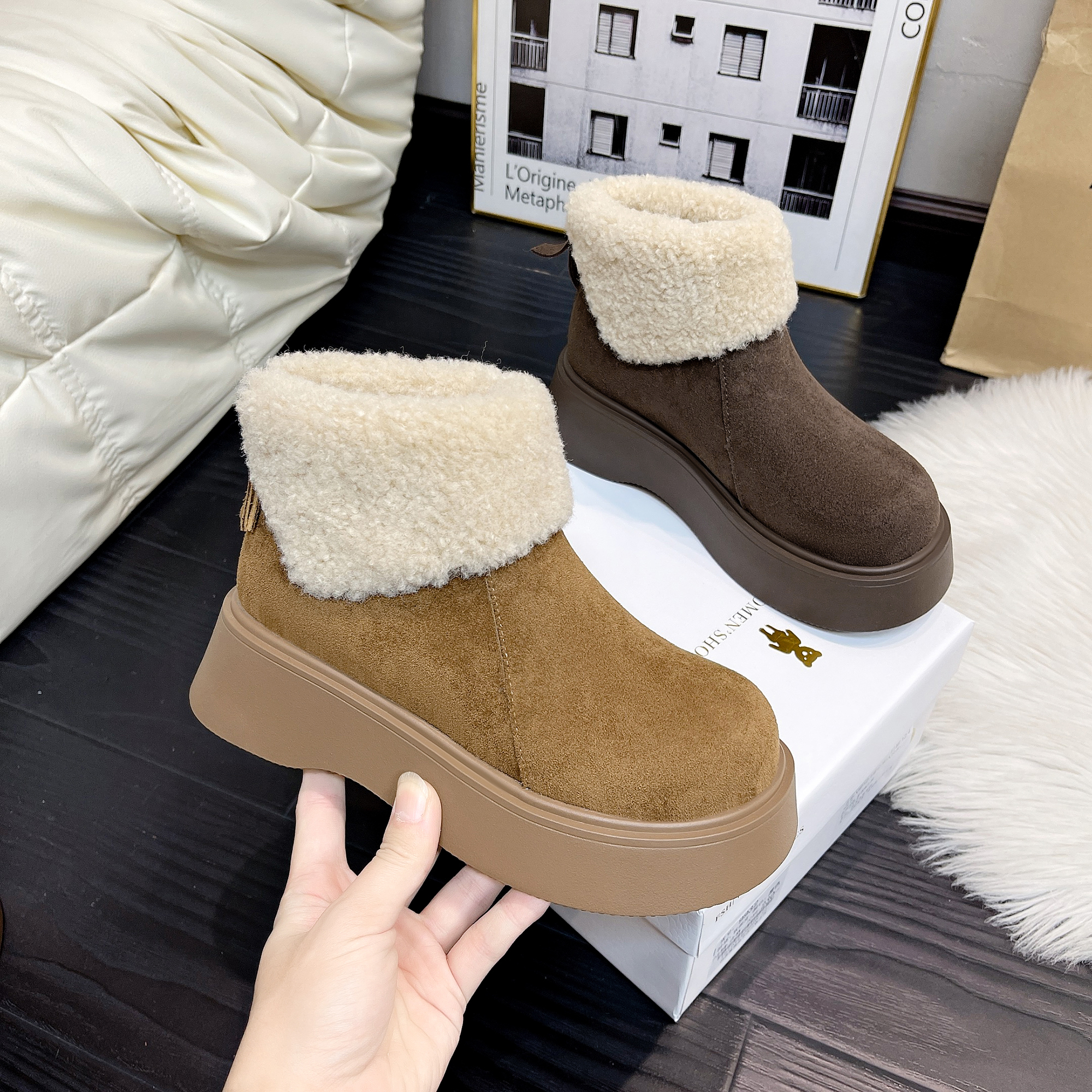 翻毛雪地靴冬季2025新款时尚百搭时尚厚底防滑加绒保暖棉靴子5899