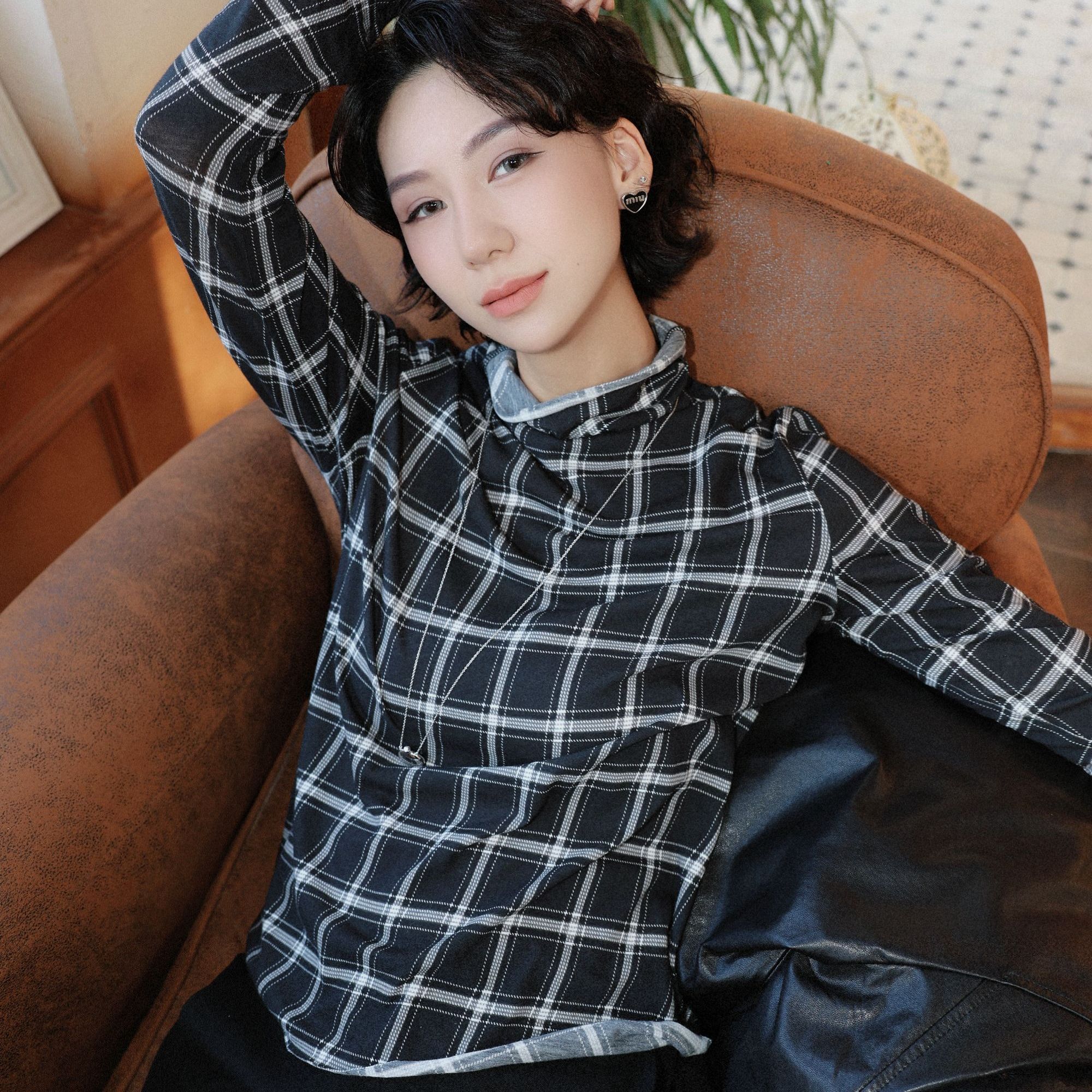 TT设计师【野蔷薇】高级感经典格纹长绒棉长袖打底衫TT191192