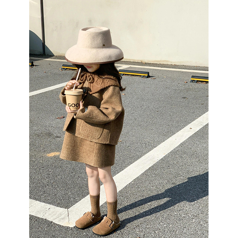 现货小香风套装童装女童高级感双面呢大衣外套洋气儿童咖色背心裙