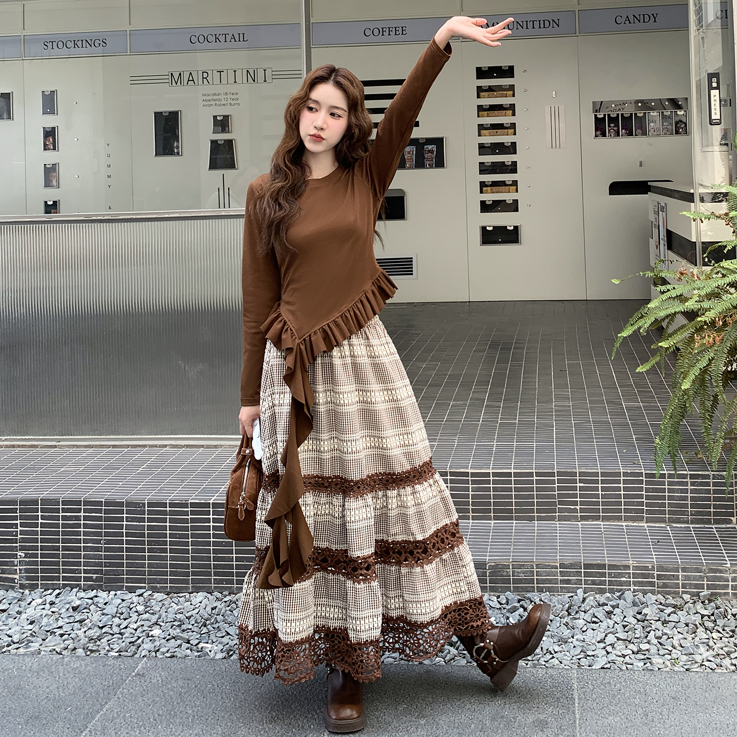 美拉德长袖连衣裙套装女秋季2025新款高级感一整套穿搭长裙两件套