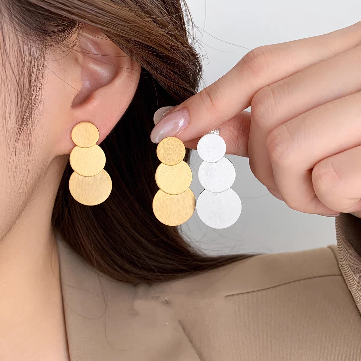 纯铜耳饰 秋冬法式金银拉丝圆片流苏耳夹无耳洞小众气质百搭耳饰