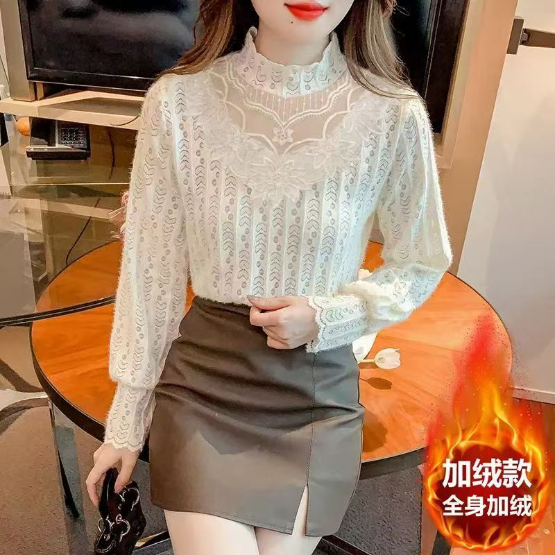 蕾丝打底上衣秋冬2025加绒打底衫女新款气质洋气加厚半高领时尚潮