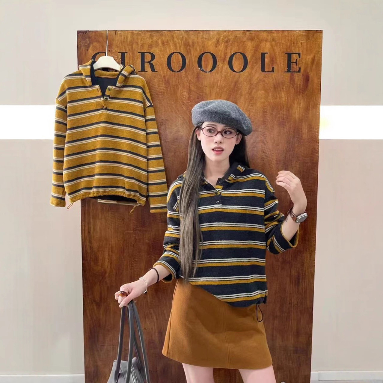 冬季韩系连帽领撞色条纹休闲百搭毛感长袖女式卫衣加厚不加绒