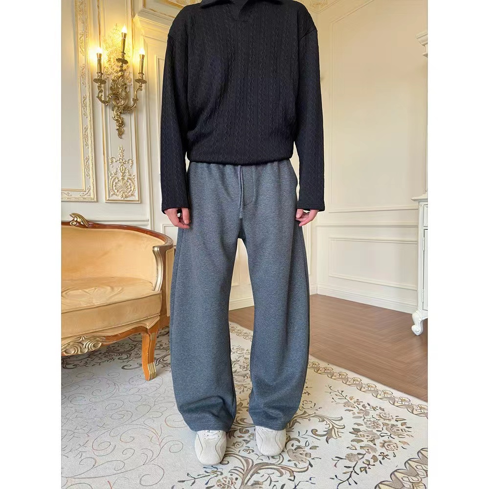 冬季加厚加绒阔腿弯刀休闲裤抽绳卫裤裤时尚百搭纯色宽松长裤