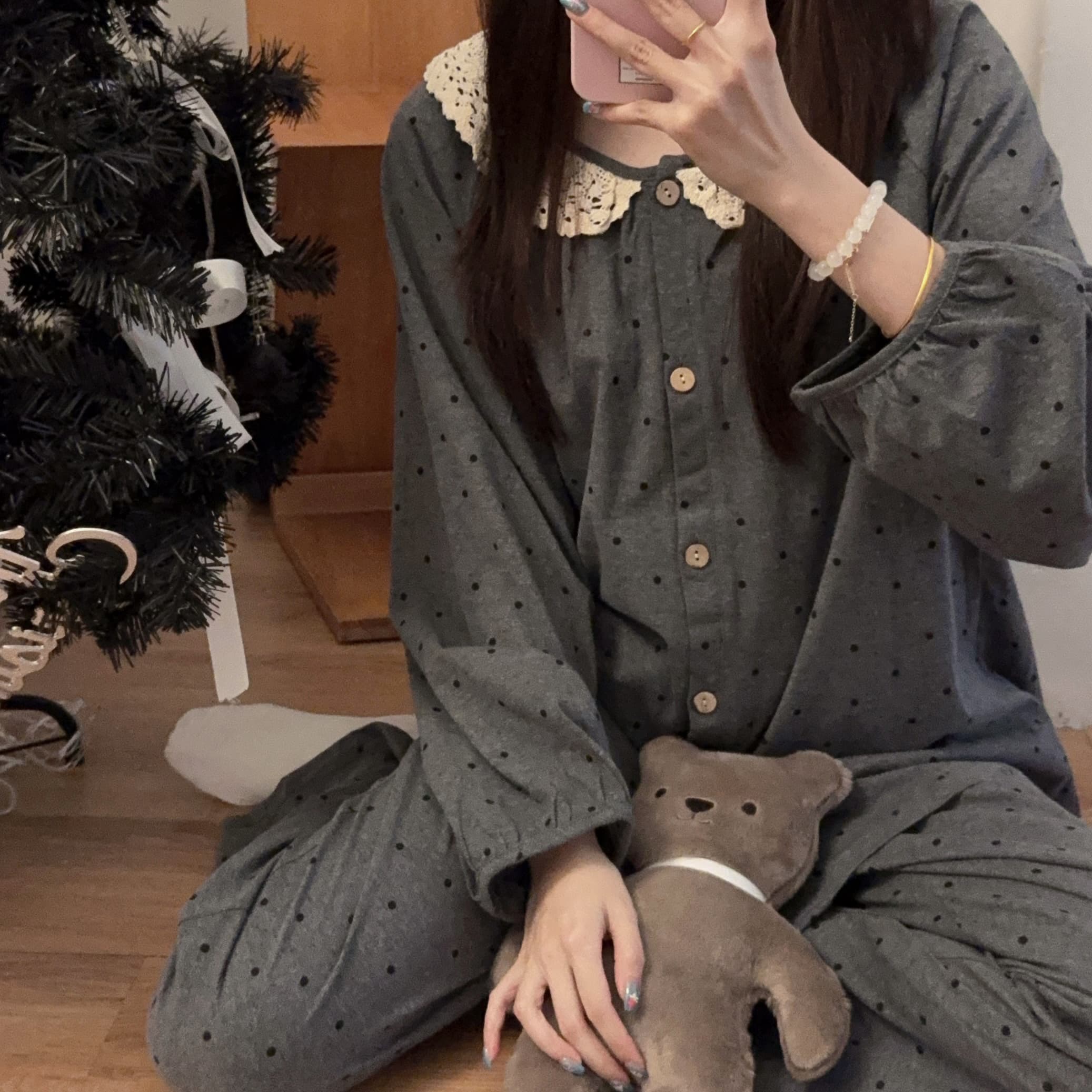 秋季休闲纯棉睡衣女款长袖长款花边圆领波点印花宽松家居服套装薄