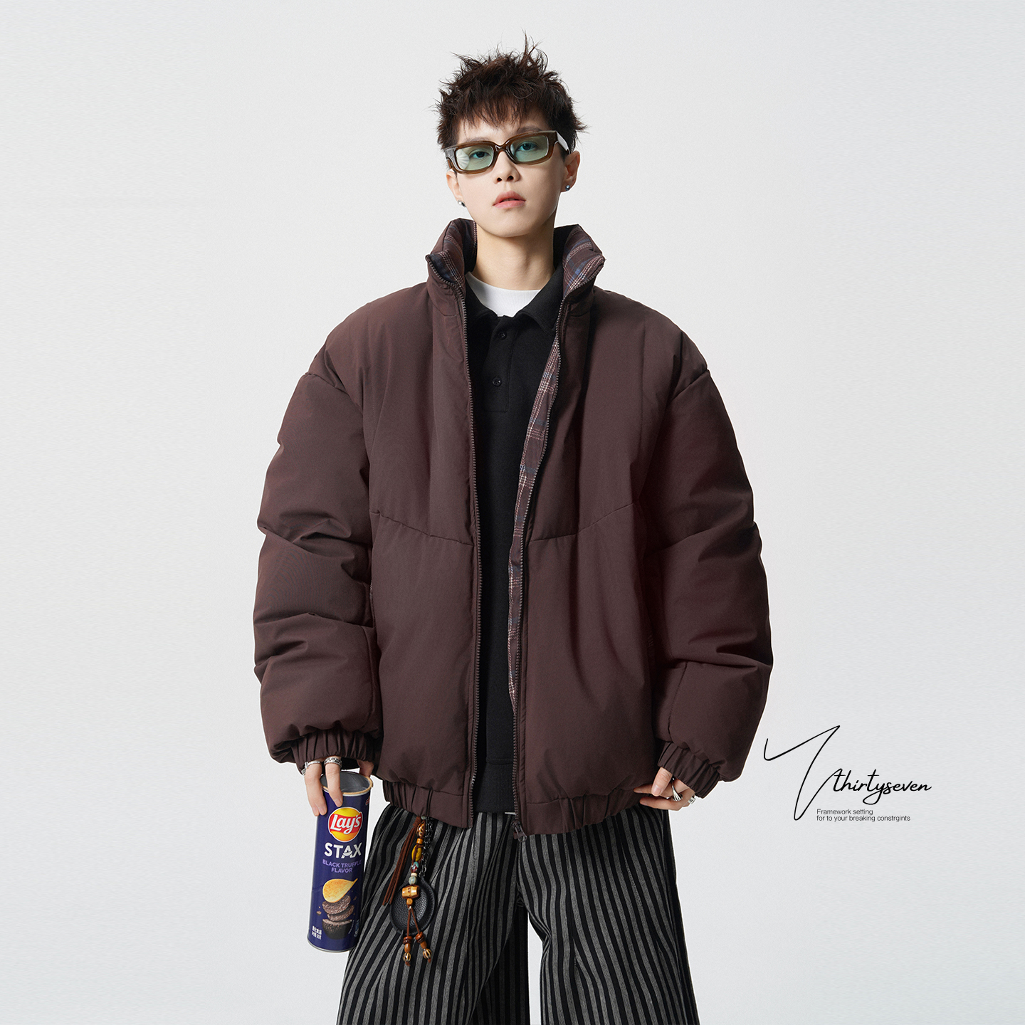 重磅复古格纹拼接立领棉服男冬季潮牌美式氛围感加厚情侣棉衣外套