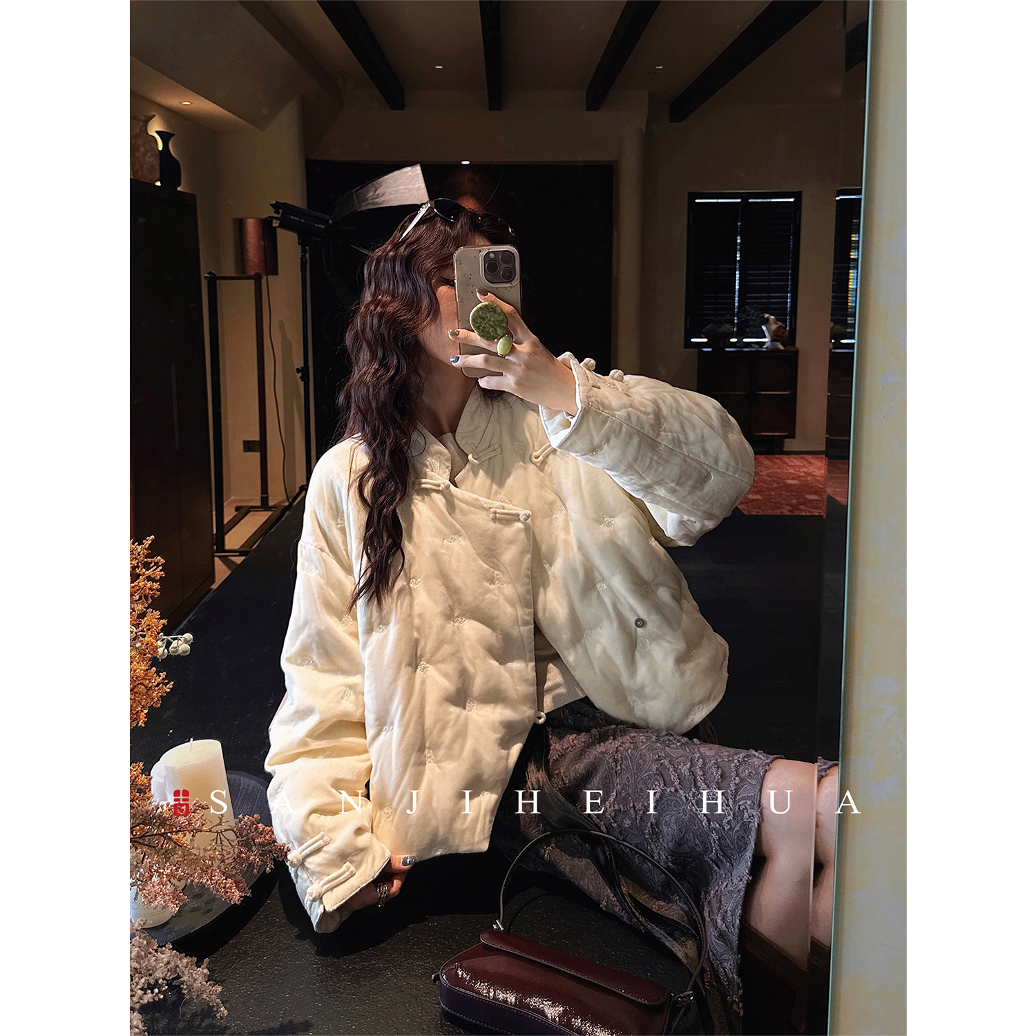 三吉黑花【与君同】新中式丝绒网纱短款羽绒服冬季女款国风外套潮