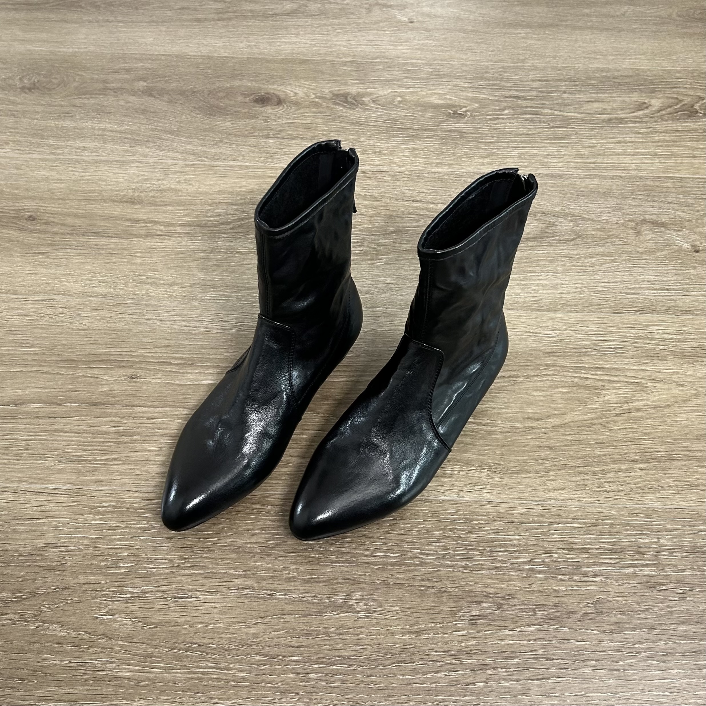 Dannyfrey头层水洗牛皮做旧复古西部女时尚英伦尖头切尔西靴2CM