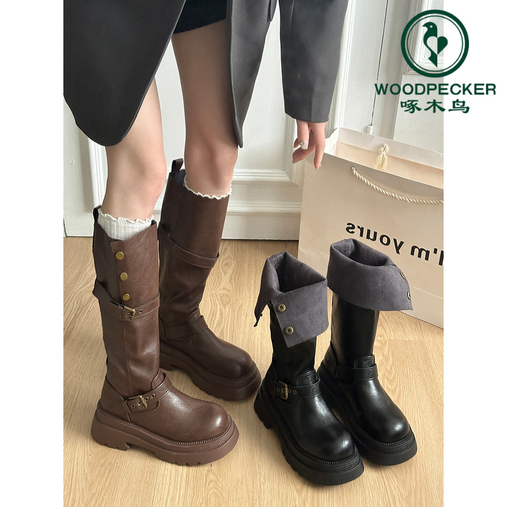 啄木鸟西部靴牛仔靴女秋季旅游长筒靴棕色美拉德骑士靴厚底马丁靴