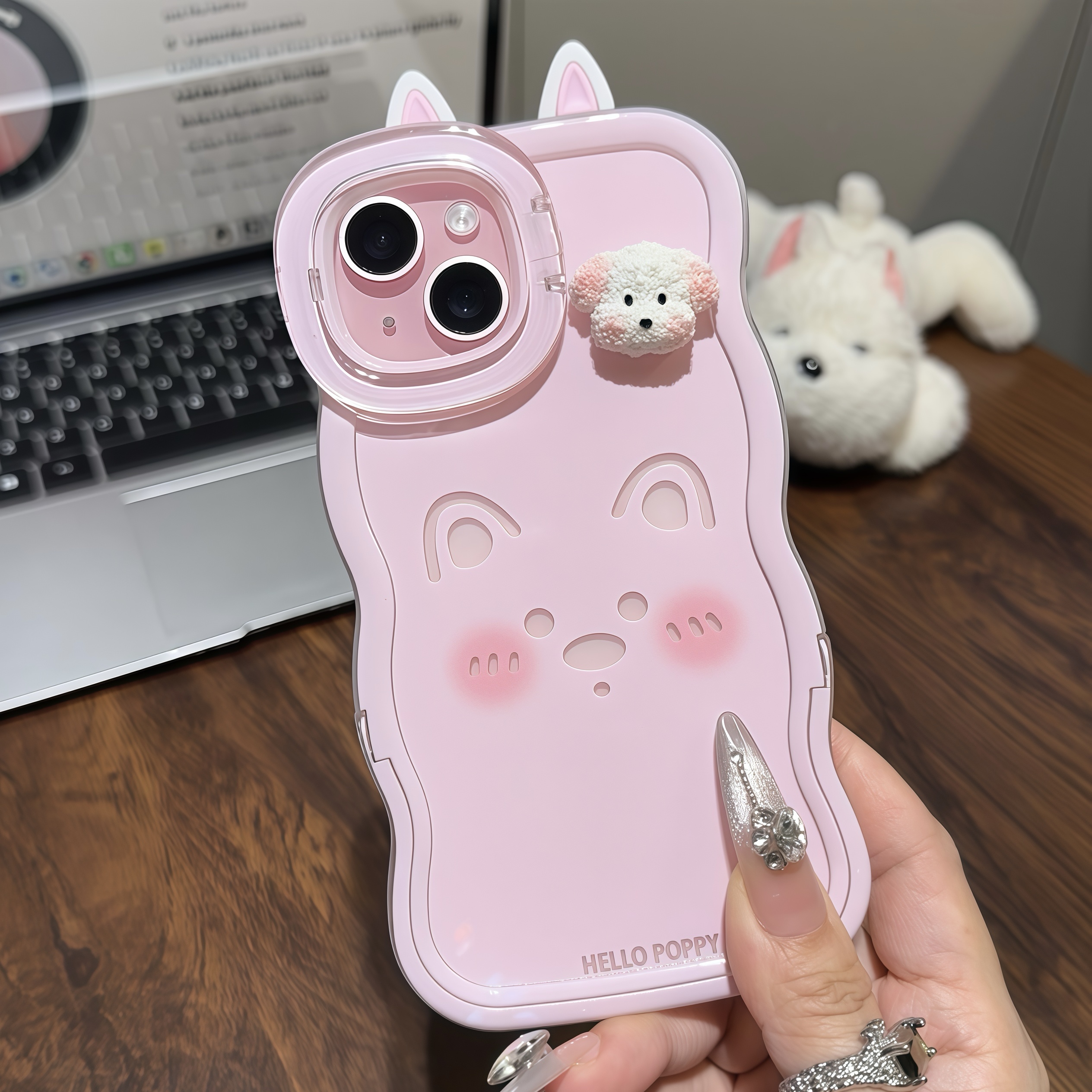粉小狗耳朵双支架适用iPhone苹果16手机壳华为p70vivoppo小米15套