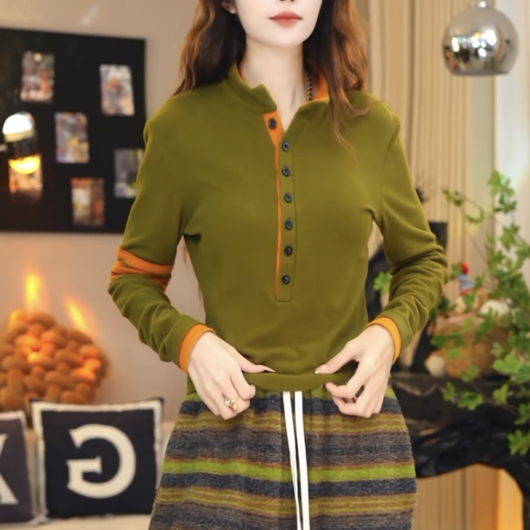 半高领双面绒撞色扣子长袖T恤女设计感气质时尚百搭显瘦打底衫