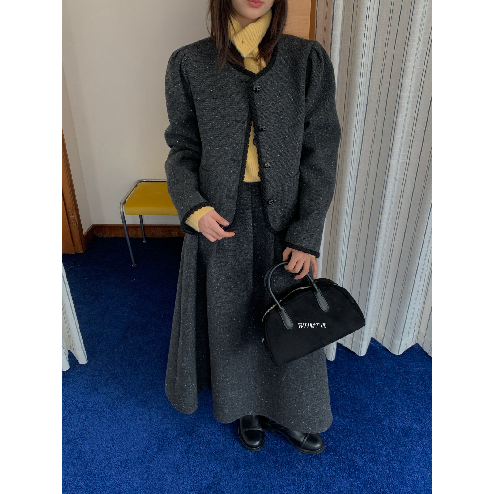 RS.WHMT-色包边点点羊毛呢短外套+压褶半身裙套装(含50羊毛)Q1613