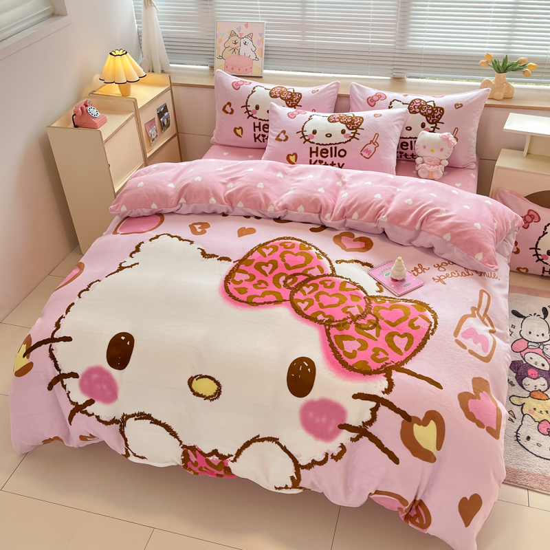 kt猫加厚高克重牛奶绒冬季保暖四件套儿童女孩珊瑚绒床品三件套笠
