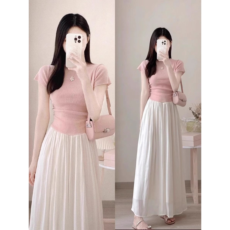 粉色显瘦正肩短袖t恤女夏季时尚洋气针织衫紧身修身小飞袖上衣