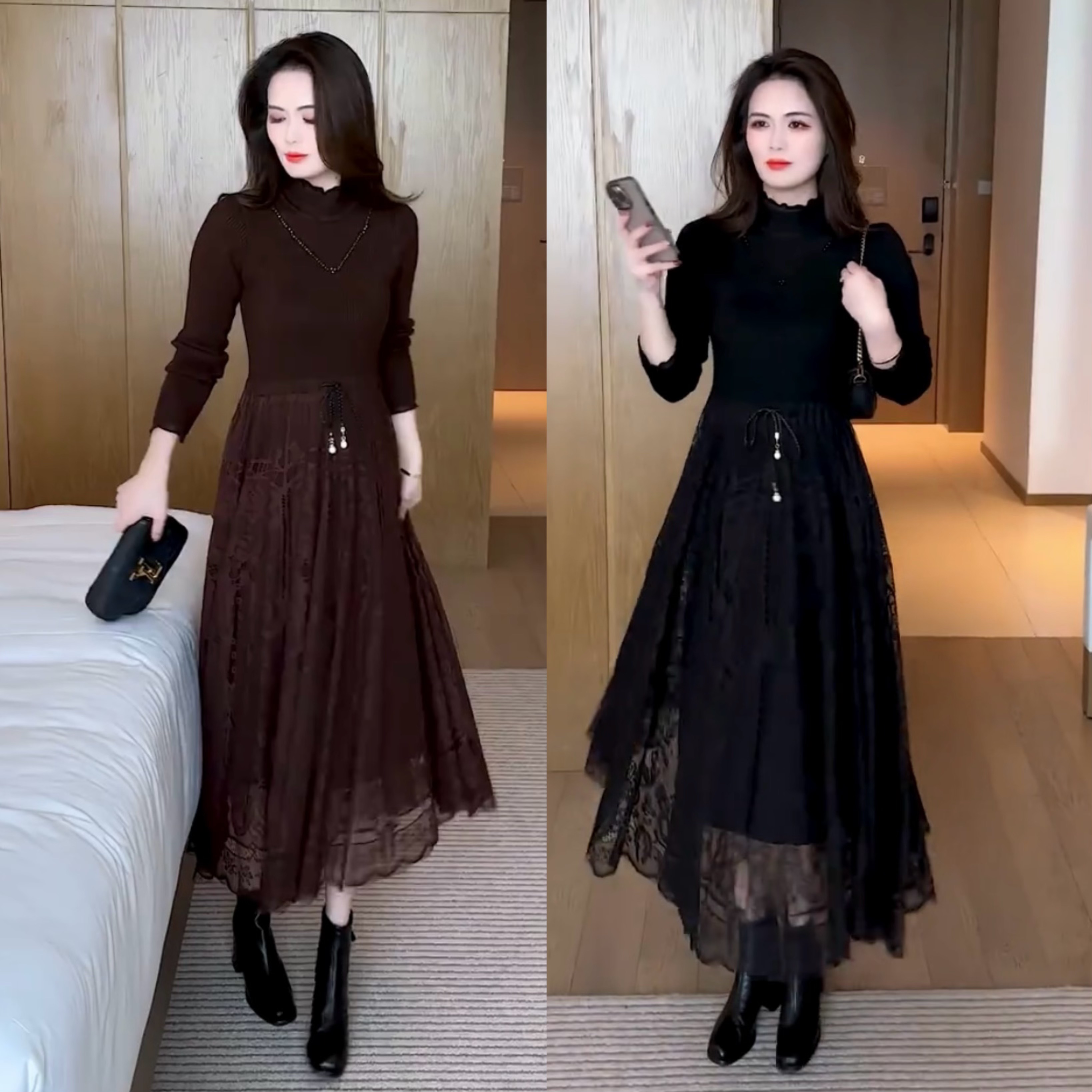 2025中腰春秋冬镂空领连衣裙打底针织法式秋冬中长款时尚