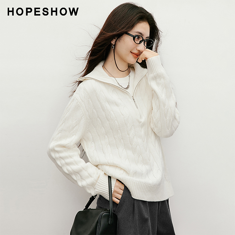 红袖2025秋季女装 复古绞花两穿拉链领落肩长袖针织衫90125310116