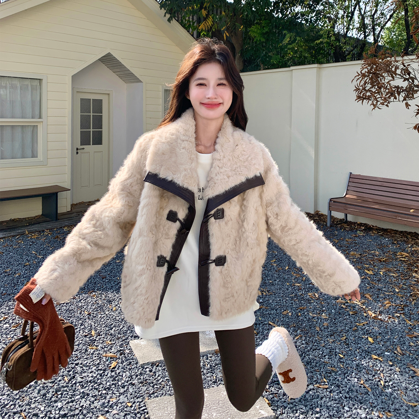 撞色拼皮仿小香风外套女冬2025新款小个子短款秋冬绒棉服