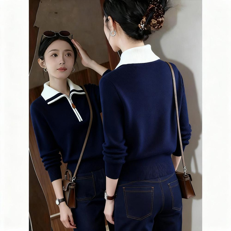 2025年冬季新款今年流行爆款半拉链藏蓝色毛衣女翻领小个子打底衫