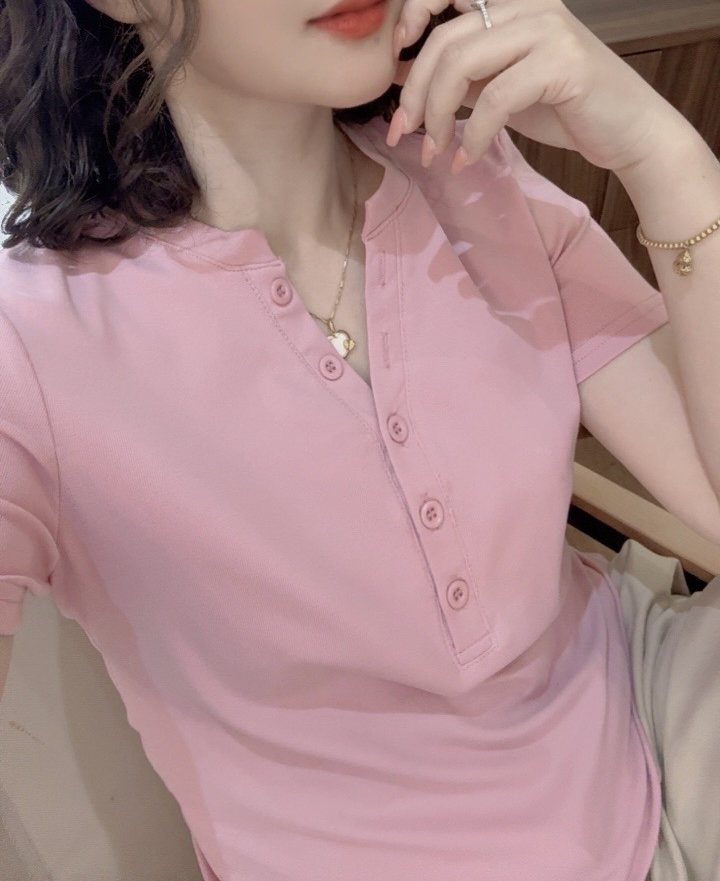 蓝卡缇亨利领简约款夏季女纯色短袖松简风纽扣V领休闲T恤