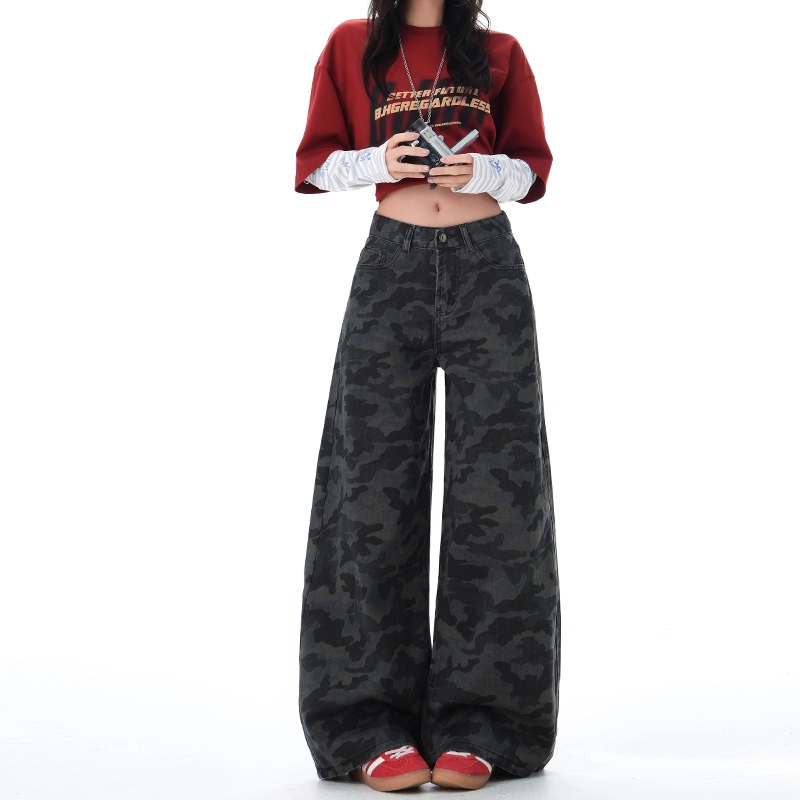 雪千羽辣妹高街迷彩阔腿牛仔裤女秋季新款高腰宽松显瘦直筒工装裤