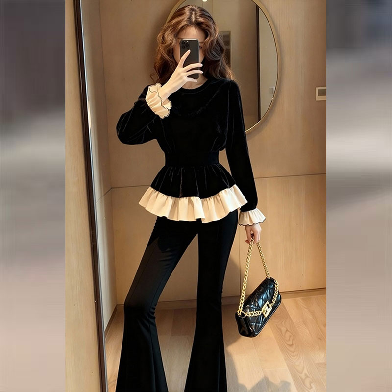 大码女装新中式黑色荷叶边拼接丝绒衬衫设计感巨好看国风掐腰小衫