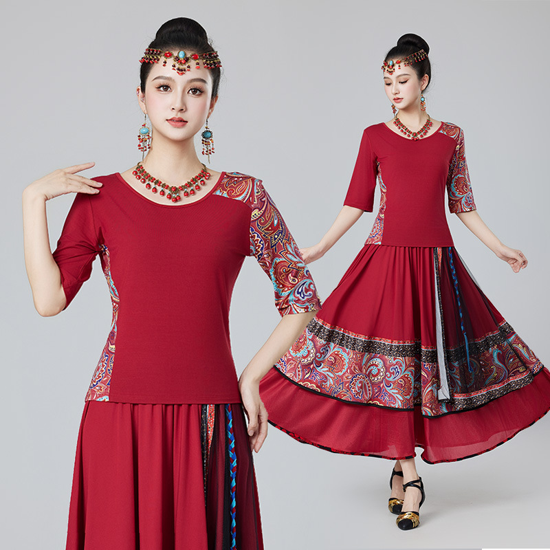 古典舞练功服新款复古民族风圆领中袖上衣长裙套装广场舞蹈演出服
