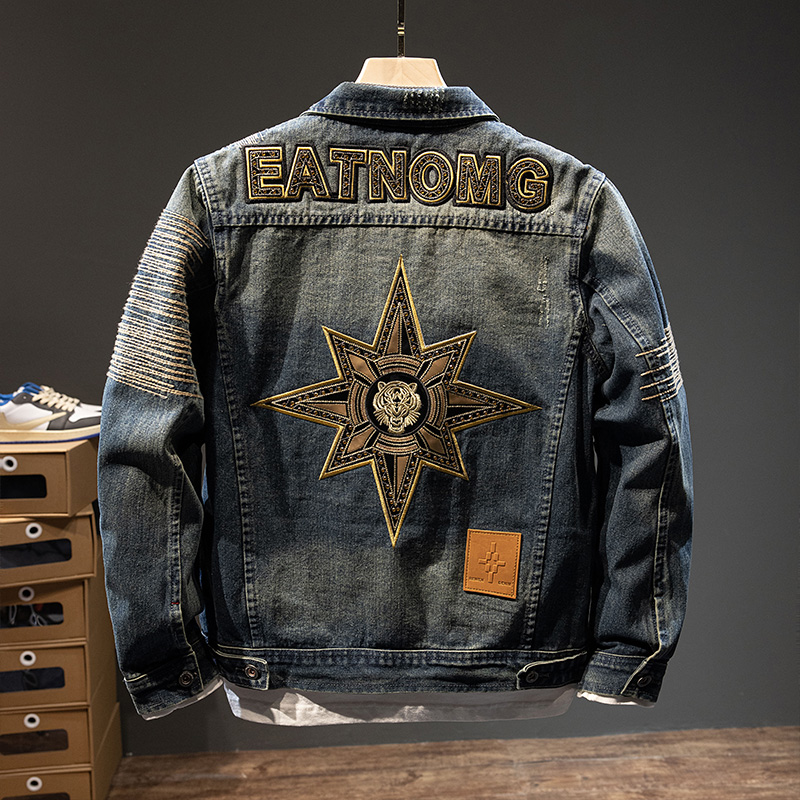 施摩瓦戈高端牛仔外套男士春秋时尚休闲翻领刺绣夹克潮流男款上衣