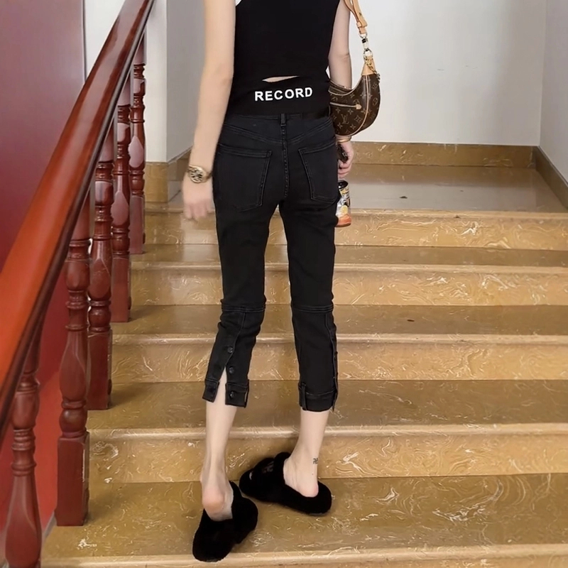 春季新款高腰遮胯百搭修身烟管裤子大码女装复古显瘦直筒牛仔裤女