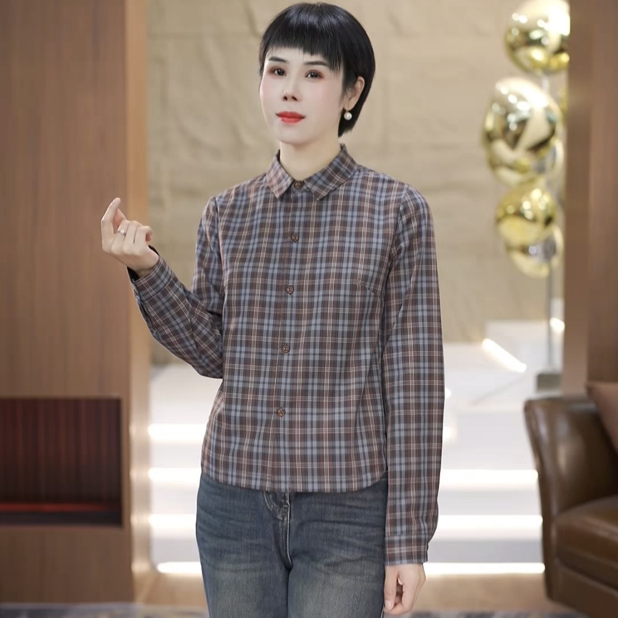 【渲渲推荐】XR-2356-2冬季减龄翻领加绒格子衬衣