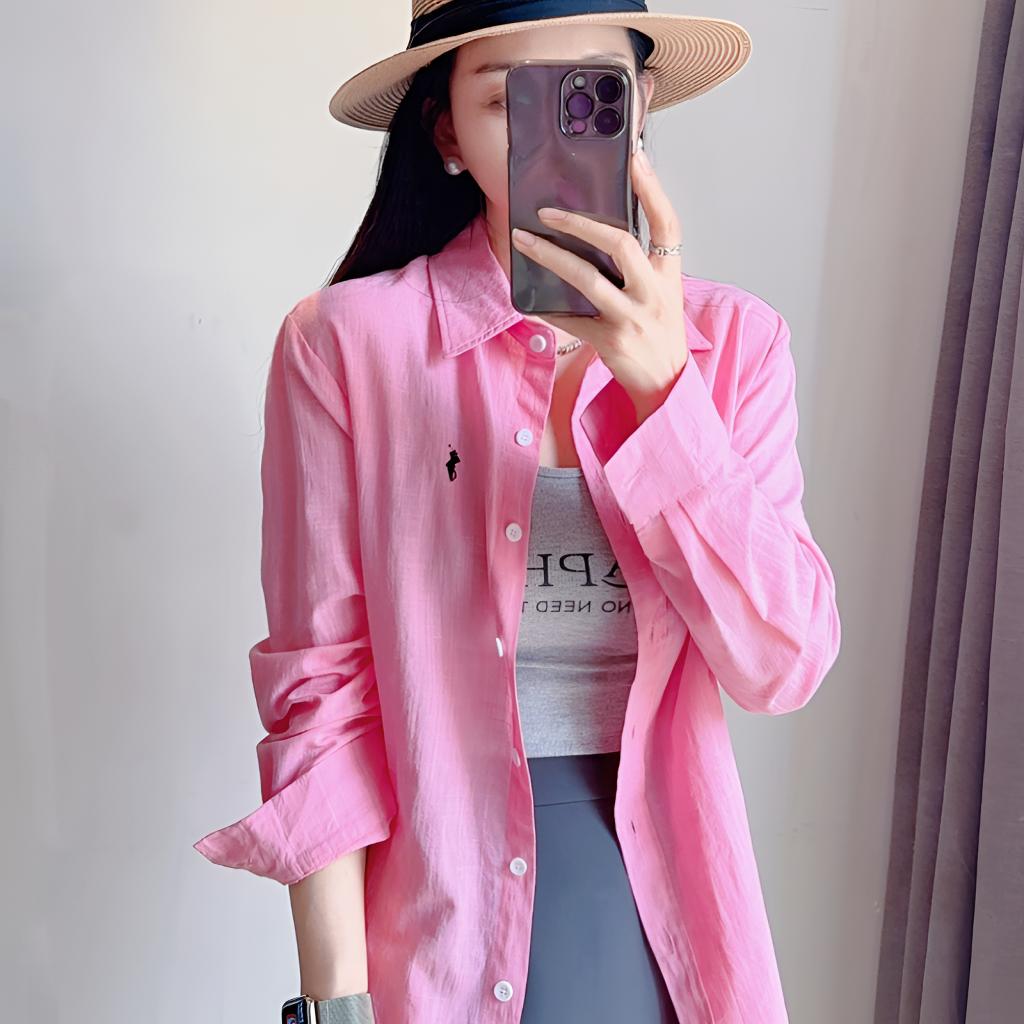 老钱风长袖衬衫女修身慵懒女装刺绣衬衣防晒纯色外穿百搭透气时尚