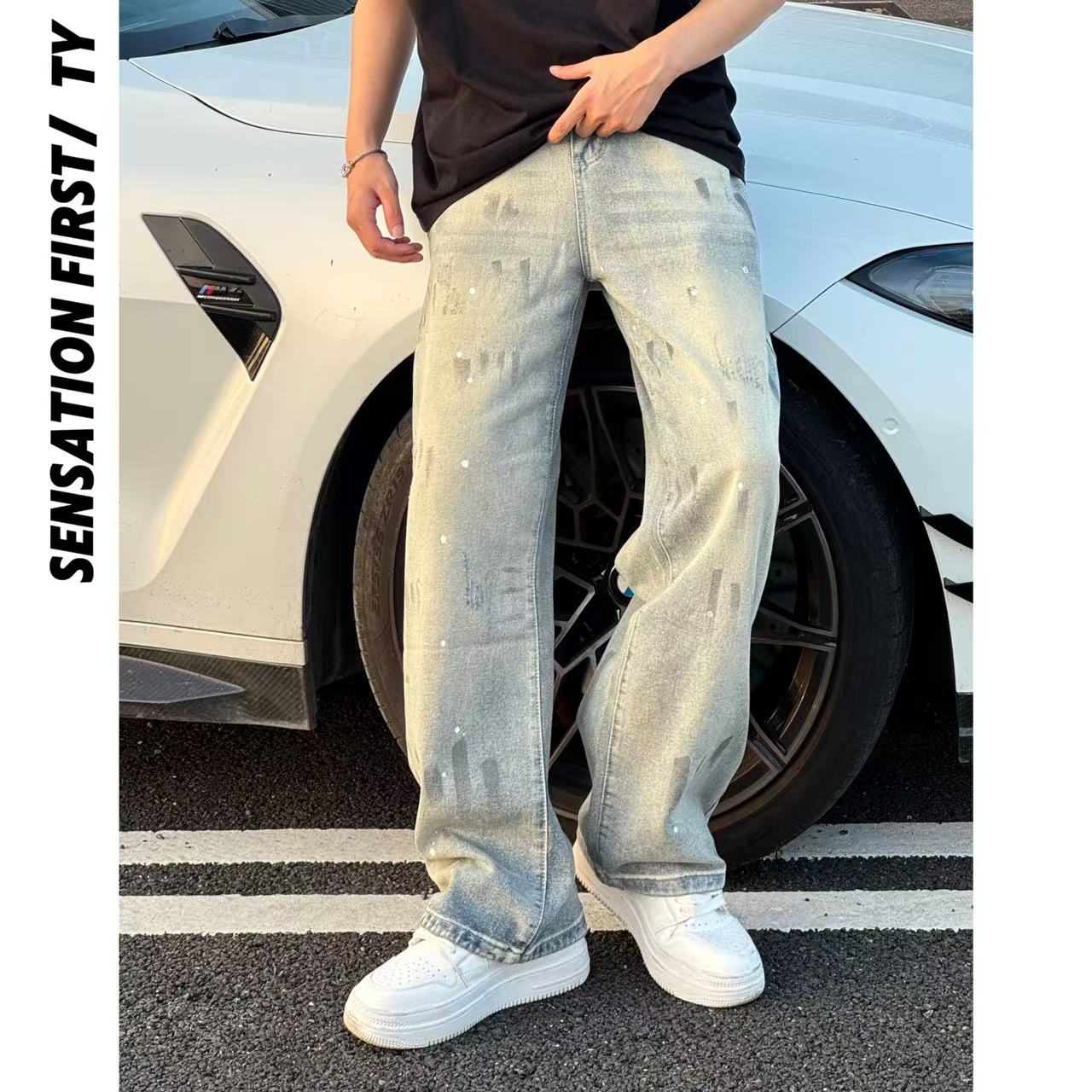 田野L 泼墨复古废土风ins水洗百搭直筒牛仔裤