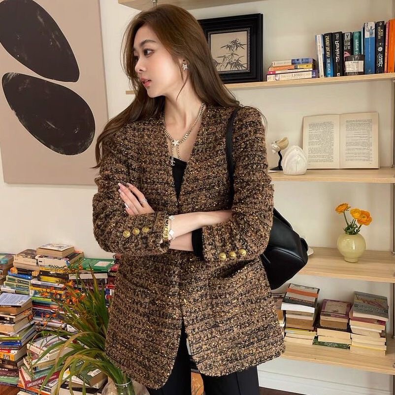 大码名媛V领小香风女毛呢休闲呢中长款大衣时尚秋冬百搭风衣外套