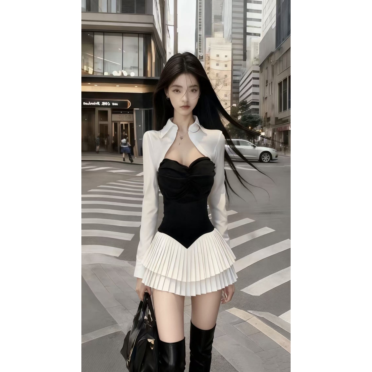 新款小众极简风撞色拼接设计感不规则领长袖收腰气质百褶连衣裙