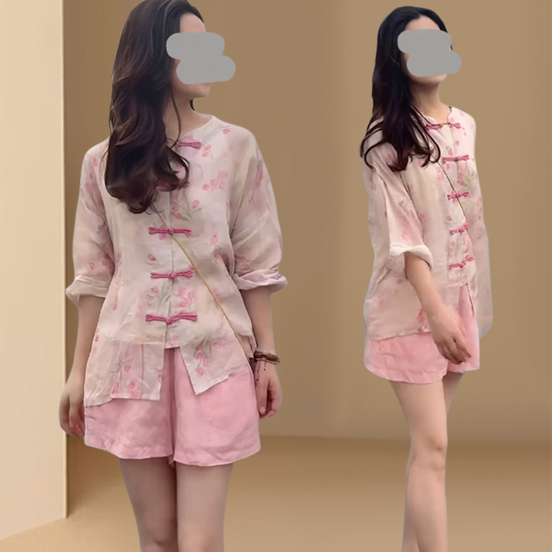 新中式禅意套装女改良盘扣衬衫气质穿搭一整套粉色短裤新款两件套