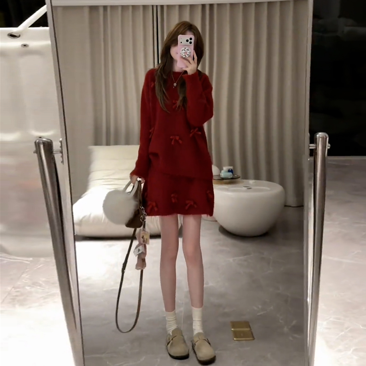 红色圣诞穿搭针织毛衣连衣裙子女2025新款秋冬季小香风套装高级感