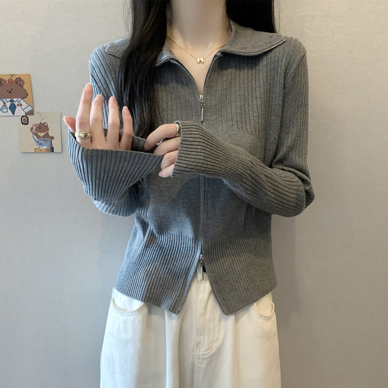 大码女装遮肚子翻领毛衣开衫女秋冬胖mm显瘦不规则双拉链针织上衣