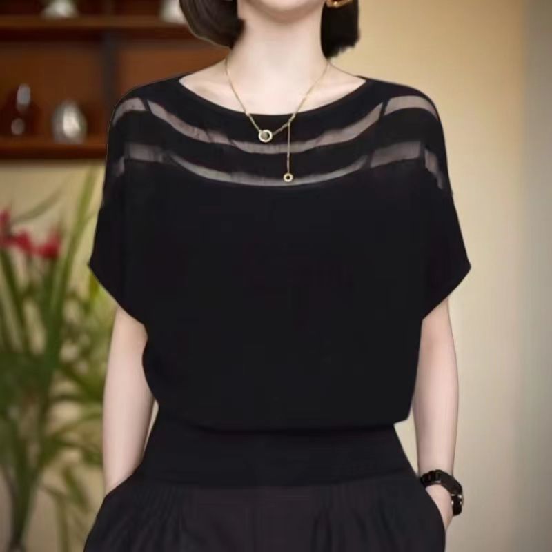 欧货细闪蝙蝠袖冰丝针织衫女夏气质一字领宽松洋气百搭遮肚子上衣